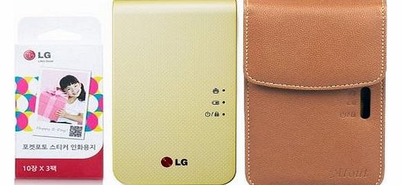 [SET] LG Pocket Photo 2 PD239 (Yellow) Portable Printer + Zink Sticker 30 Sheet + (Brown) Atout Premium Synthetic Leather Vintage Cover Case